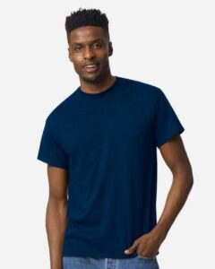 Bulk custom t-shirts in Dark Navy, Gildan DryBlend 50/50 tee, on-model front