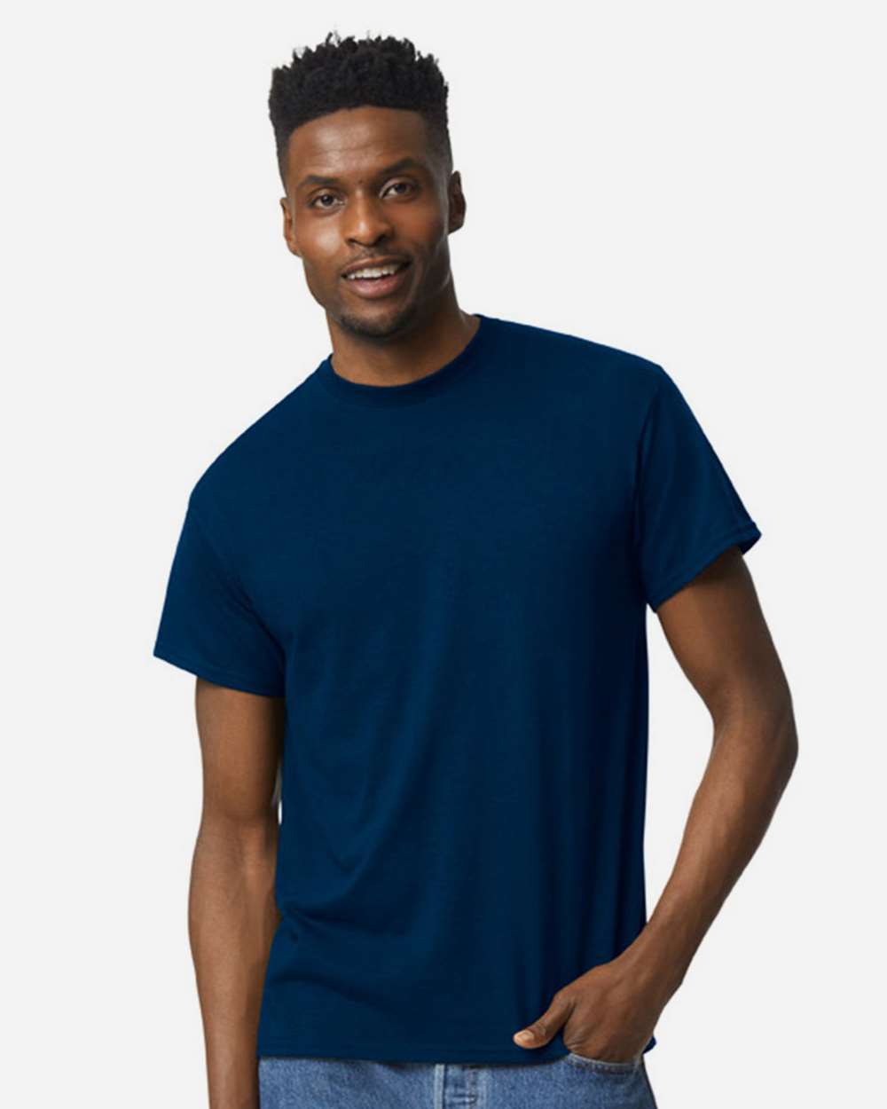 Bulk custom t-shirts in Dark Navy, Gildan DryBlend 50/50 tee, on-model front
