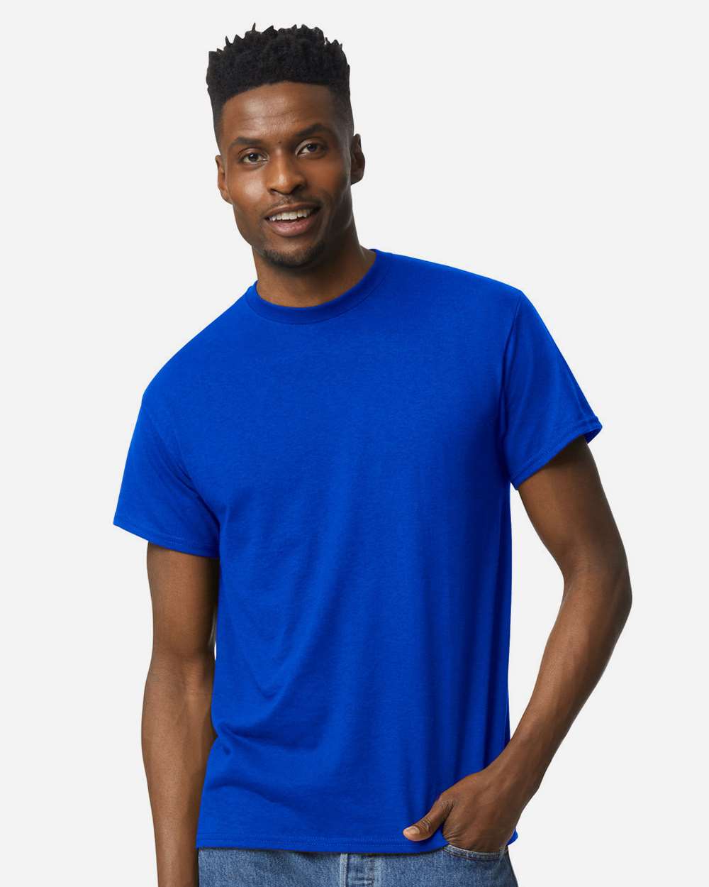 Bulk custom t-shirts in Deep Royal, Gildan DryBlend 50/50 tee, on-model front