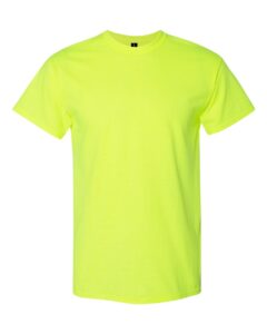 Bulk custom t-shirts in Safety Green, Gildan DryBlend 50/50 tee, flat front