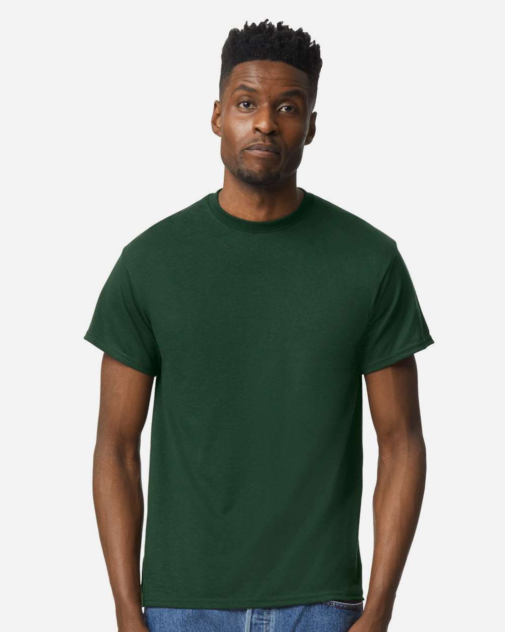 Bulk custom t-shirts in Dark Green, Gildan DryBlend 50/50 tee, on-model front