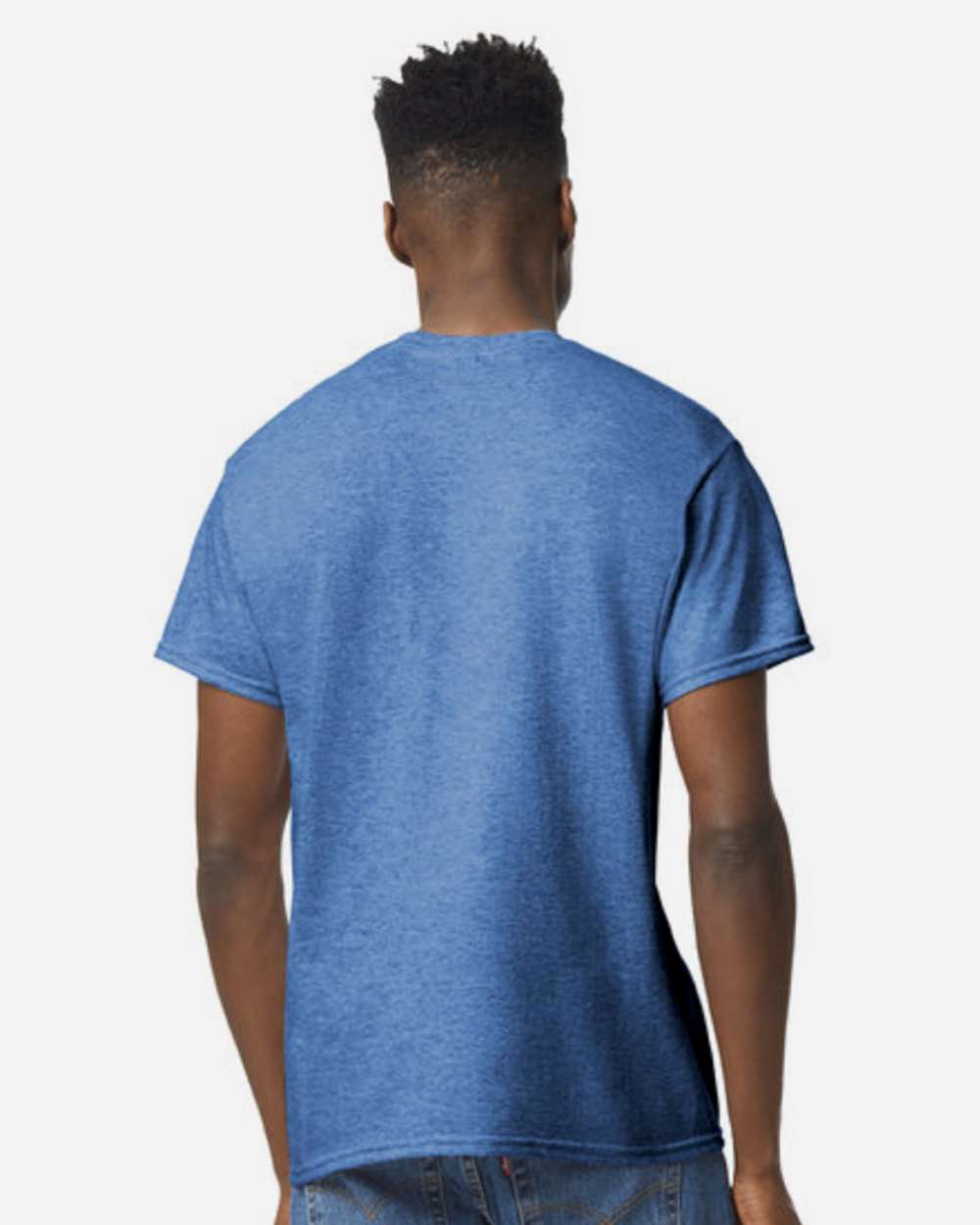 Bulk custom t-shirts in Heather Deep Royal, Gildan DryBlend 50/50 tee, on-model back