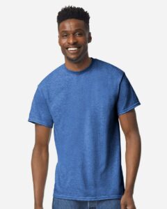 Bulk custom t-shirts in Heather Deep Royal, Gildan DryBlend 50/50 tee, on-model front