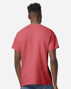 Bulk custom t-shirts in Heather Scarlet Red, Gildan DryBlend 50/50 tee, on-model back