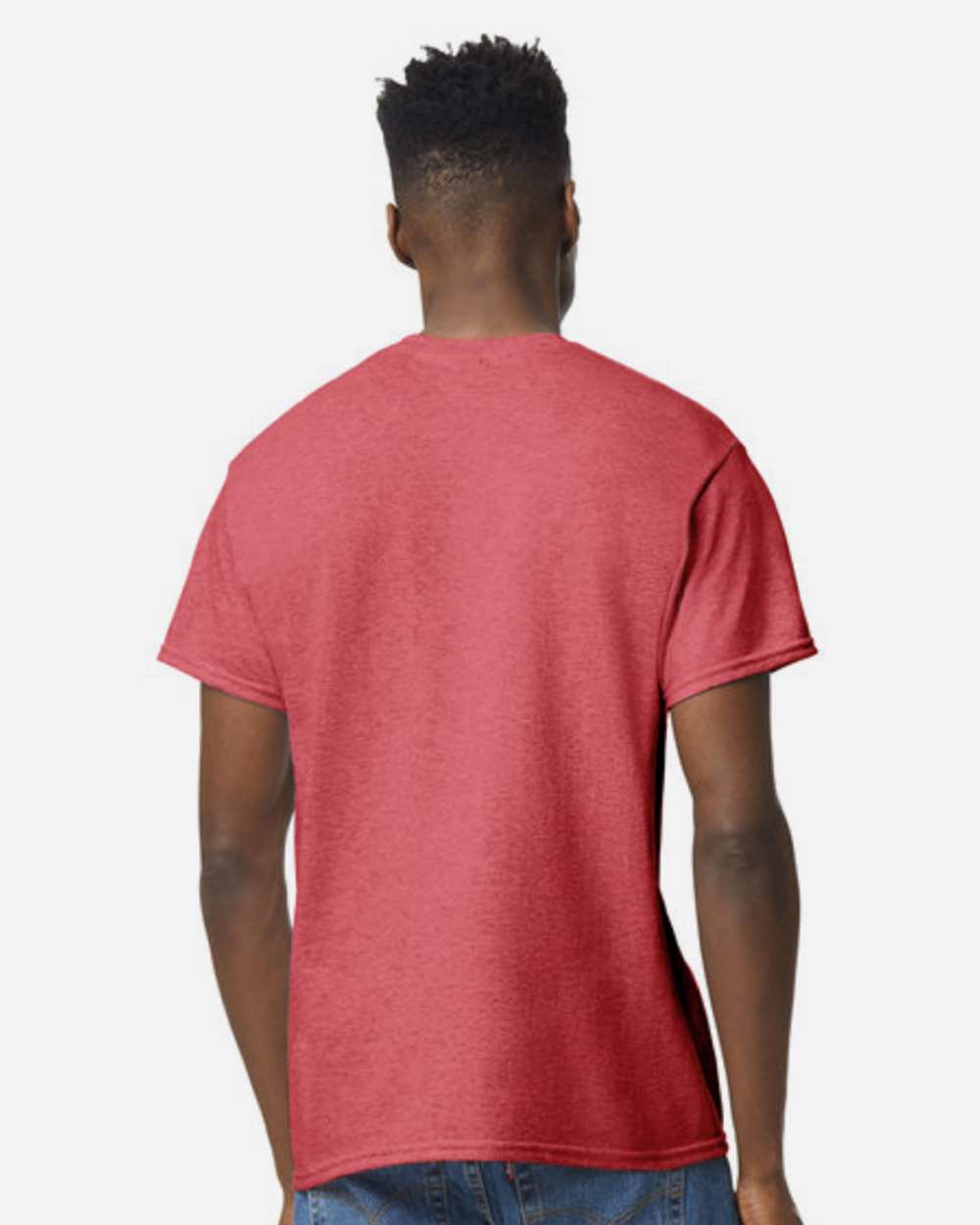 Bulk custom t-shirts in Heather Scarlet Red, Gildan DryBlend 50/50 tee, on-model back