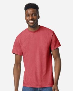 Bulk custom t-shirts in Heather Scarlet Red, Gildan DryBlend 50/50 tee, on-model front