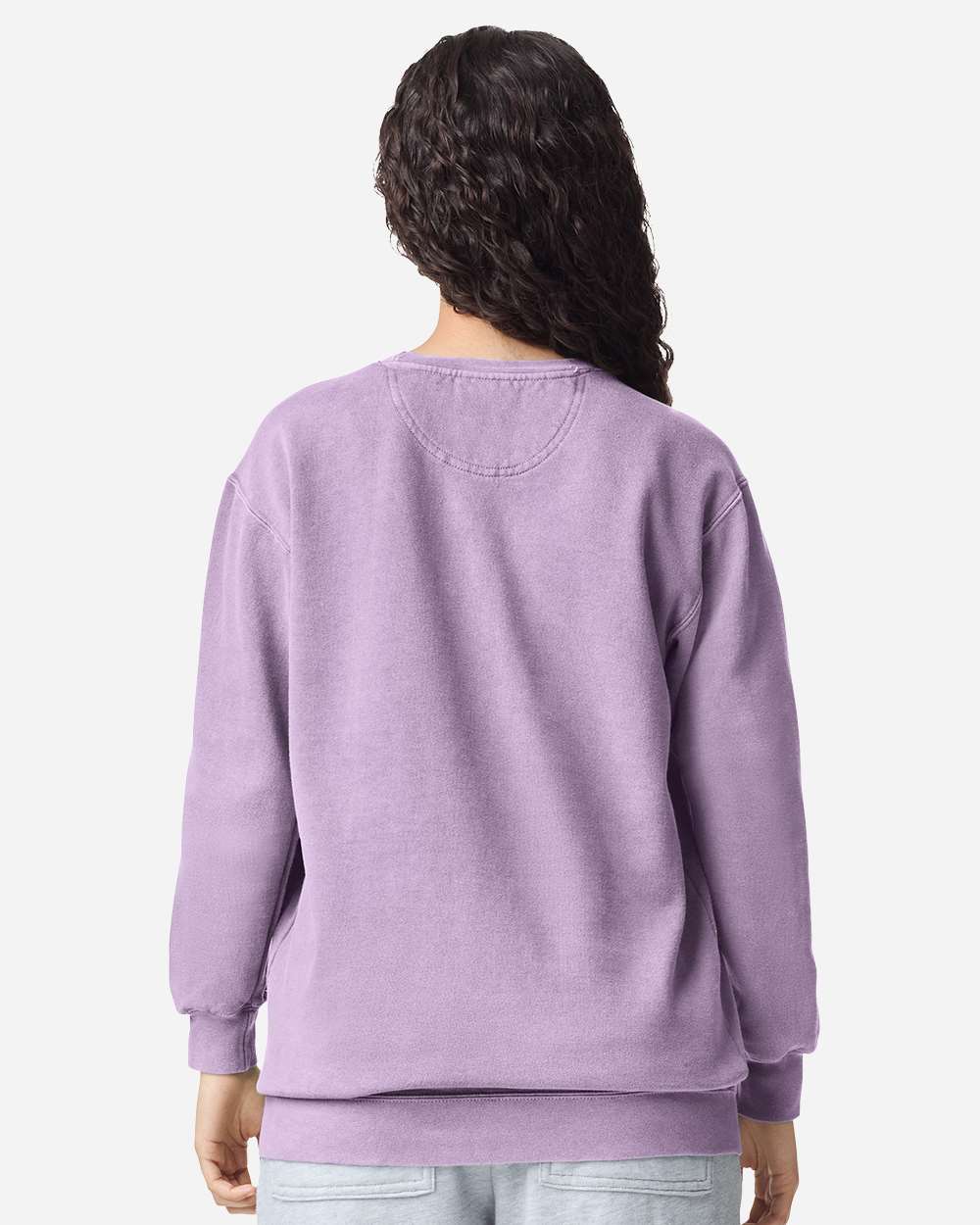 Custom crewneck sweatshirts, Comfort Colors garment-dyed crewneck in Orchid on model, back