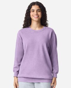Custom crewneck sweatshirts, Comfort Colors garment-dyed crewneck in Orchid on model, front