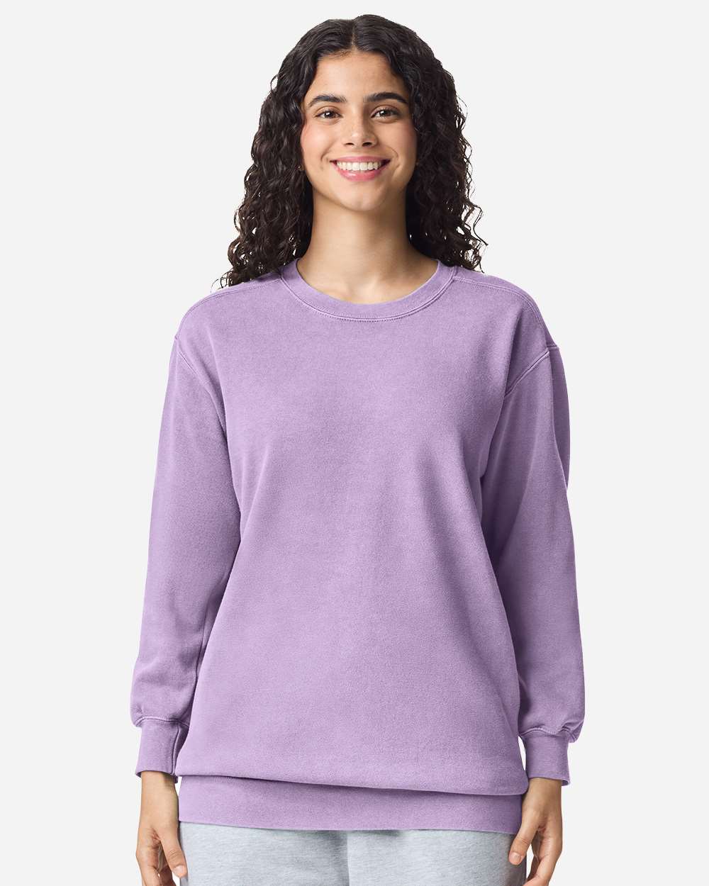 Custom crewneck sweatshirts, Comfort Colors garment-dyed crewneck in Orchid on model, front
