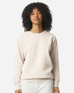Custom crewneck sweatshirts, Comfort Colors garment-dyed crewneck in Ivory on model, front