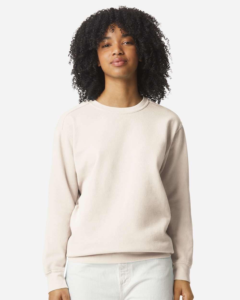 Custom crewneck sweatshirts, Comfort Colors garment-dyed crewneck in Ivory on model, front