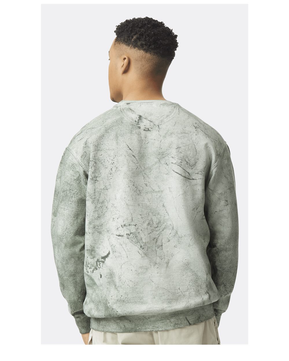 Custom crewneck sweatshirts in Colorblast Fern, Comfort Colors garment-dyed fleece, on-model back