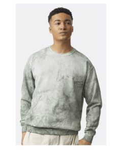 Custom crewneck sweatshirts in Colorblast Fern, Comfort Colors garment-dyed fleece, on-model front