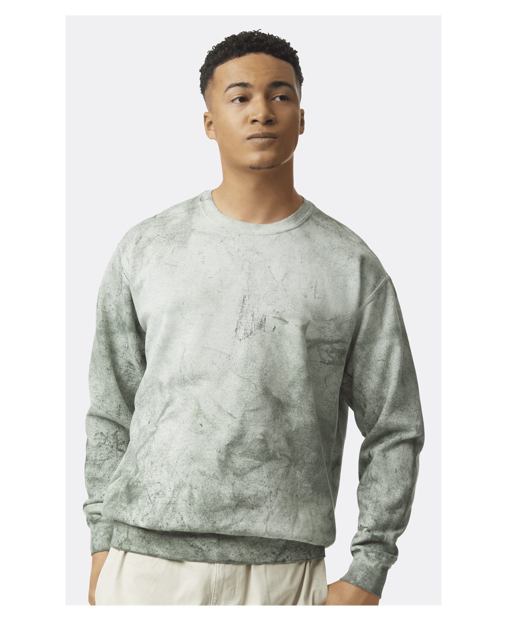 Custom crewneck sweatshirts in Colorblast Fern, Comfort Colors garment-dyed fleece, on-model front