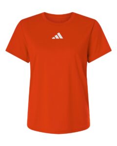 Custom Adidas shirts for women in Orange, Pregame performance tee, flat front
