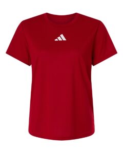 Custom Adidas shirts for women in Power Red, Pregame performance tee, flat front