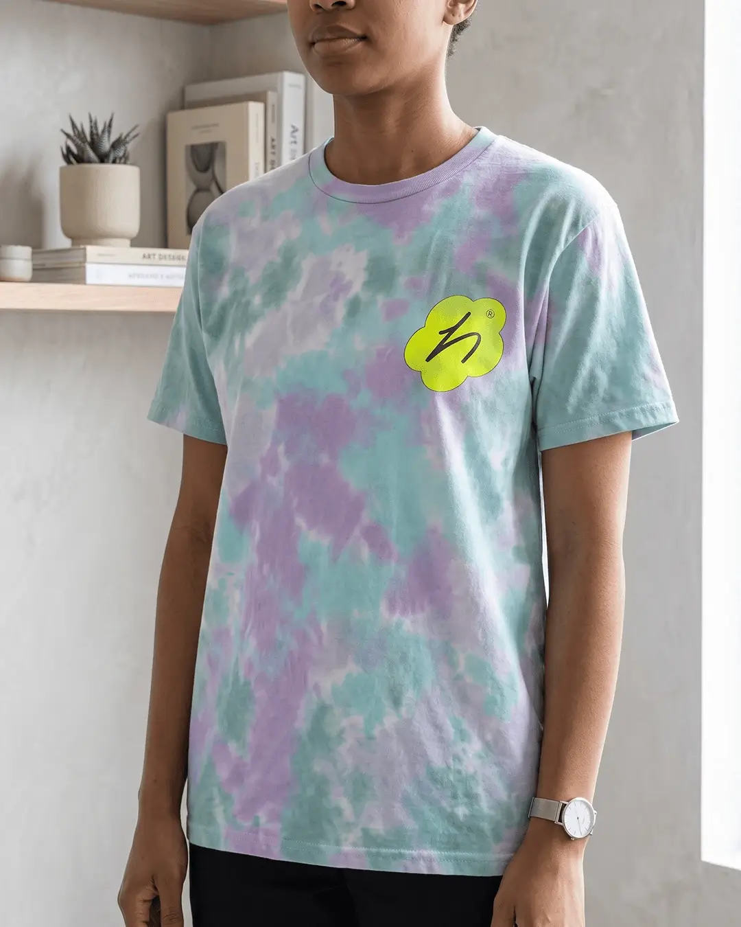 Custom tie-dye shirts, Colortone Vintage tee with a sample printed design, worn