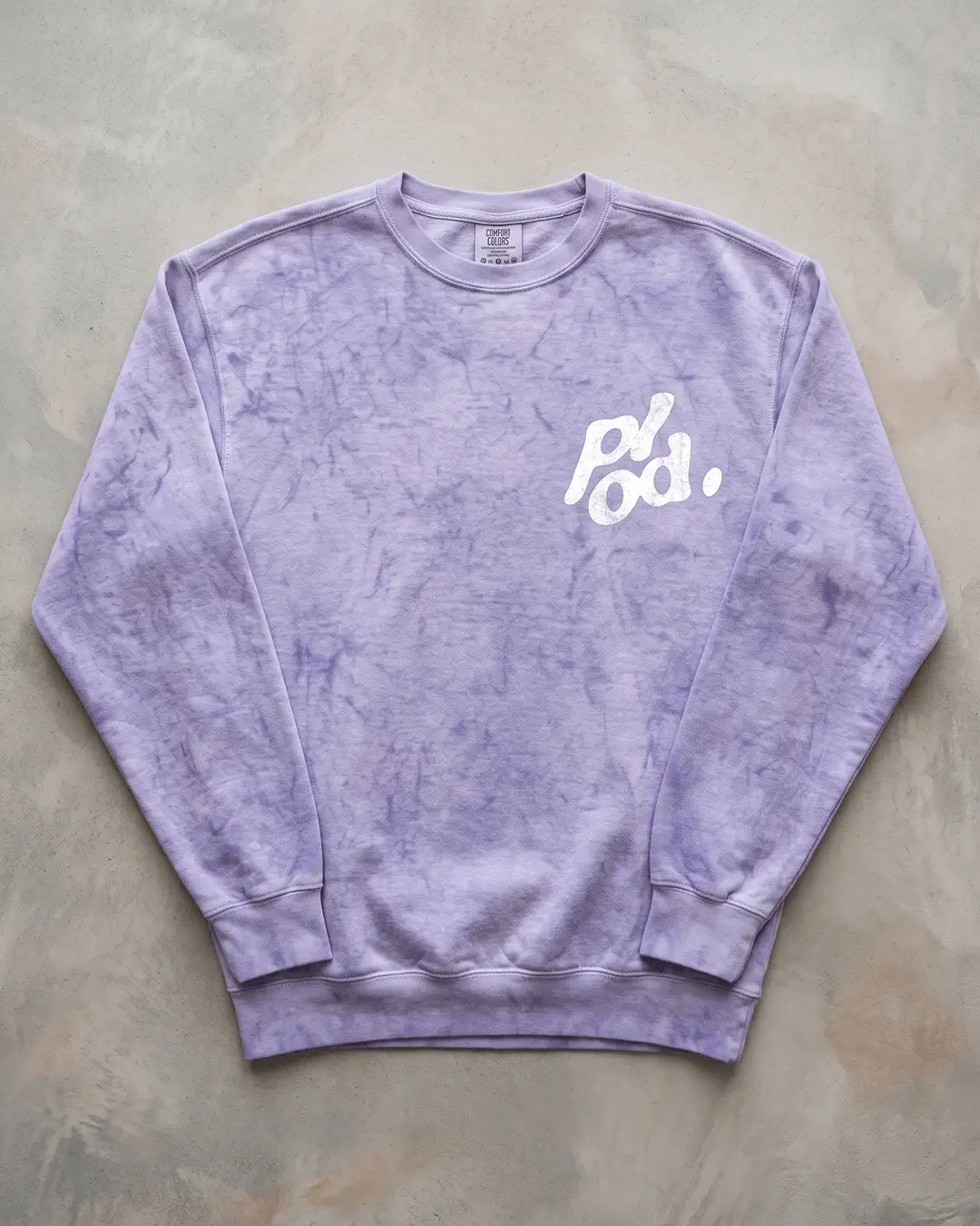 Custom crewneck sweatshirts in Colorblast, garment-dyed crewneck with a sample printed design, product view