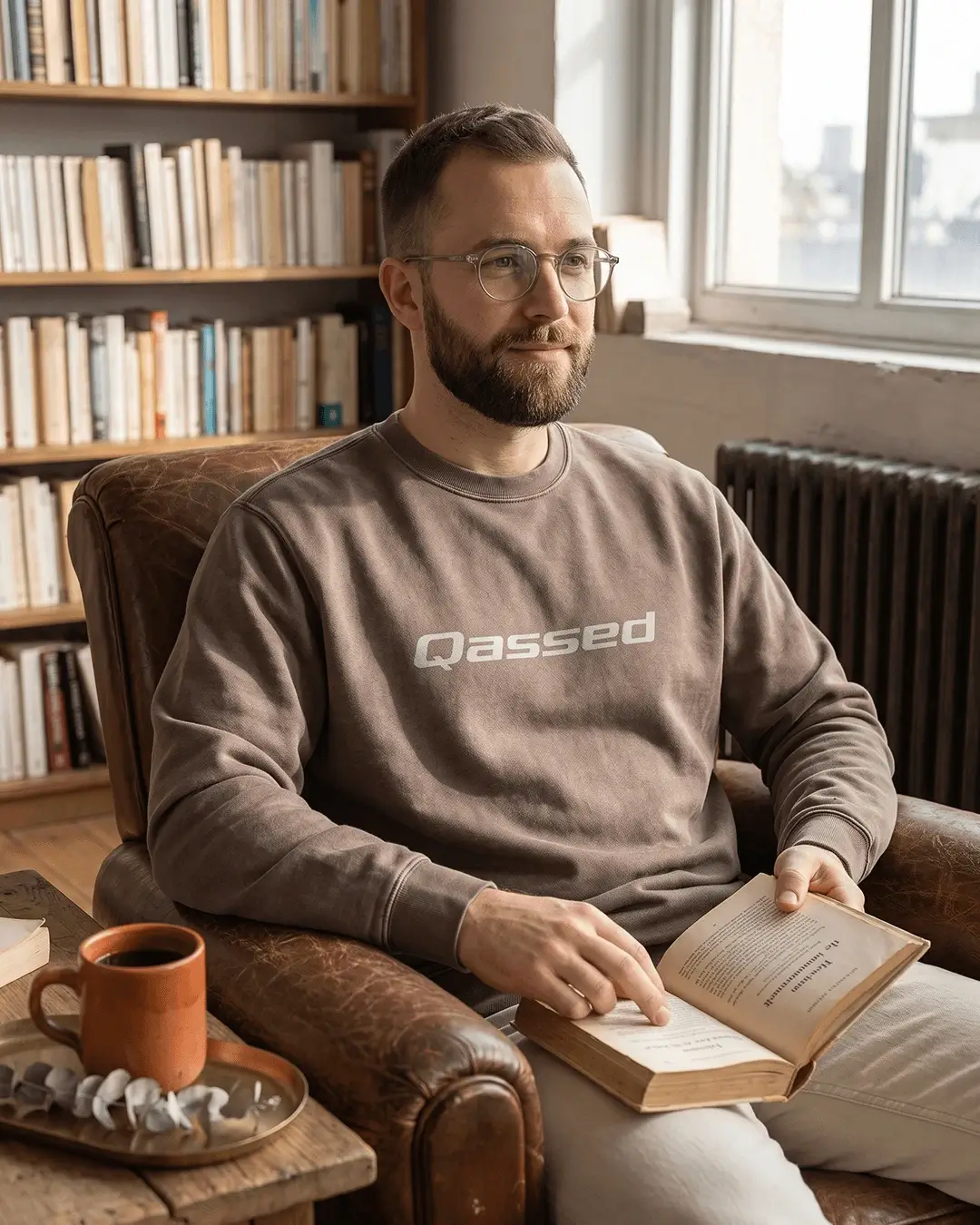 Custom crewneck sweatshirts, garment-dyed Comfort Colors crewneck with a chest print, lifestyle view