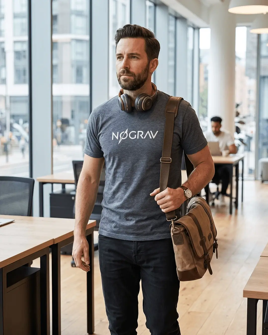 Bulk custom t-shirts, Gildan DryBlend tee with a sample printed design, in use