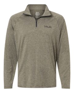 Custom embroidered quarter zips in Heather Moss, HUK Airweight heather pullover, flat front