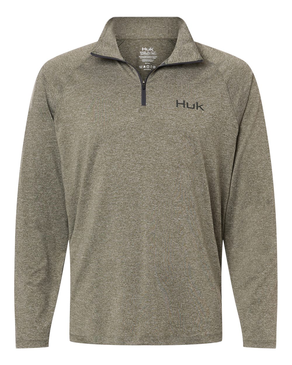 Custom embroidered quarter zips in Heather Moss, HUK Airweight heather pullover, flat front
