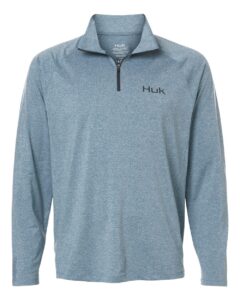 Custom embroidered quarter zips in Silverblue Heather, HUK Airweight heather pullover, flat front