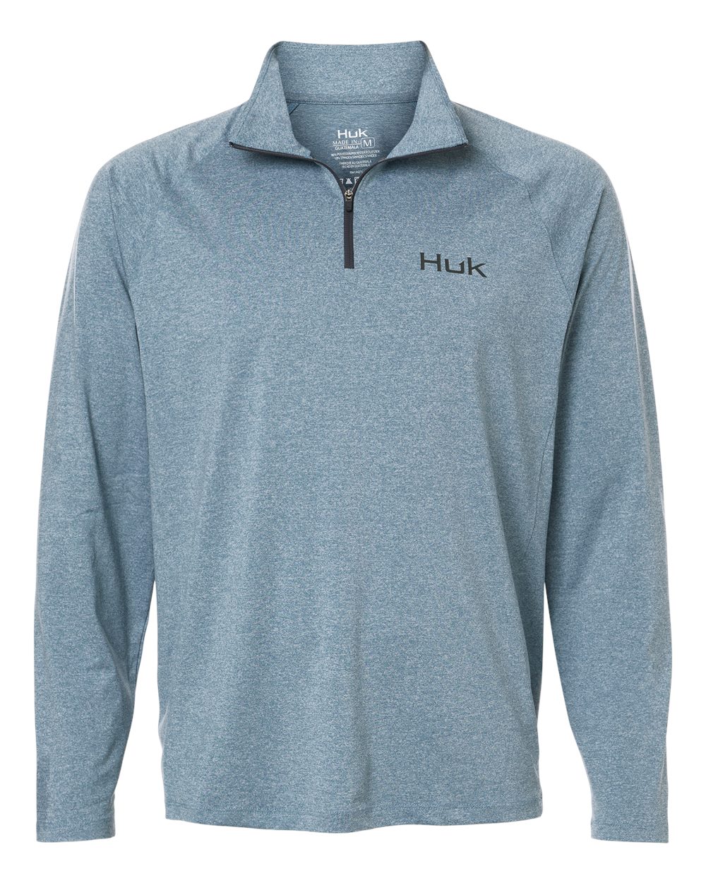 Custom embroidered quarter zips in Silverblue Heather, HUK Airweight heather pullover, flat front
