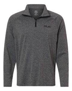 Custom embroidered quarter zips in Volcanic Ash Heather, HUK Airweight heather pullover, flat front