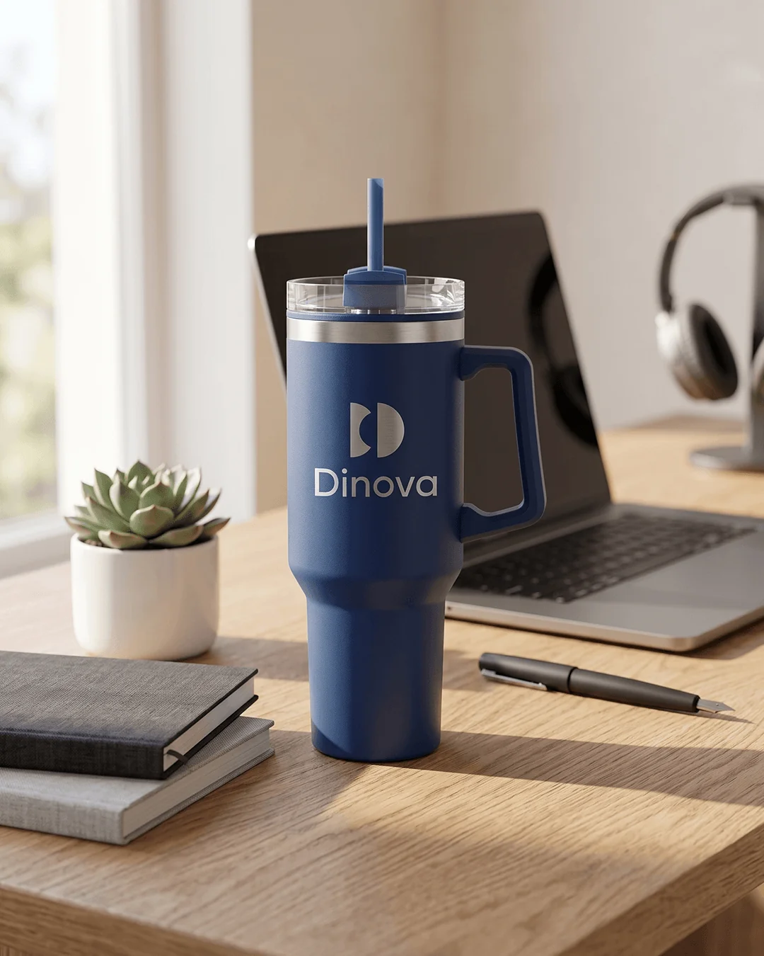 Promotional 40 oz tumbler with double wall insulation, handle and straw, angle view