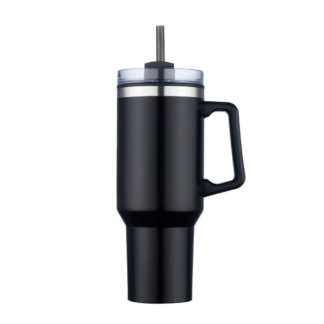 Promotional 40 oz tumblers in Black matte finish with a clear straw lid and handle, double wall stainless