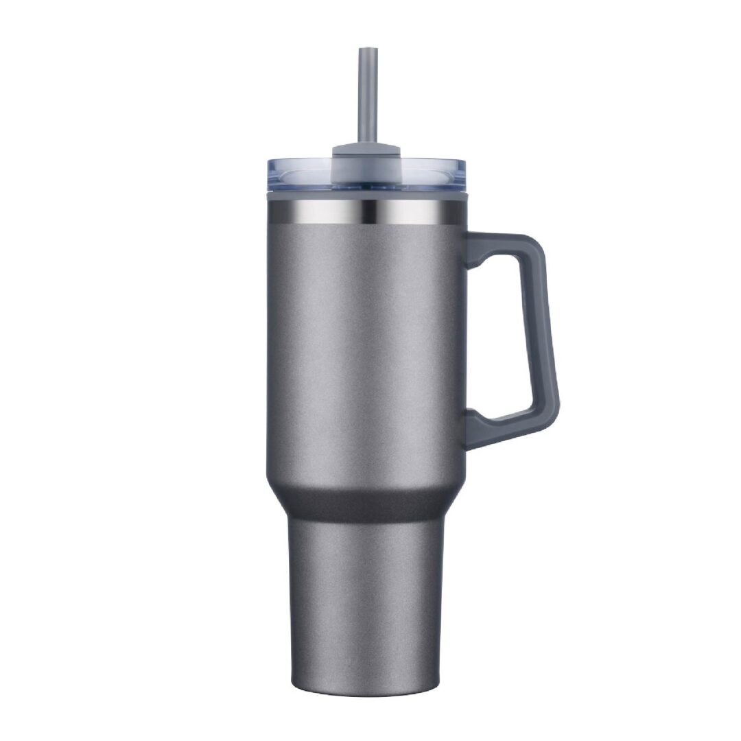 Promotional 40 oz tumblers in Gray matte finish with a clear straw lid and handle, double wall stainless