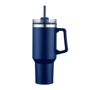 Promotional 40 oz tumblers in Navy Blue matte finish with a clear straw lid and handle, double wall stainless