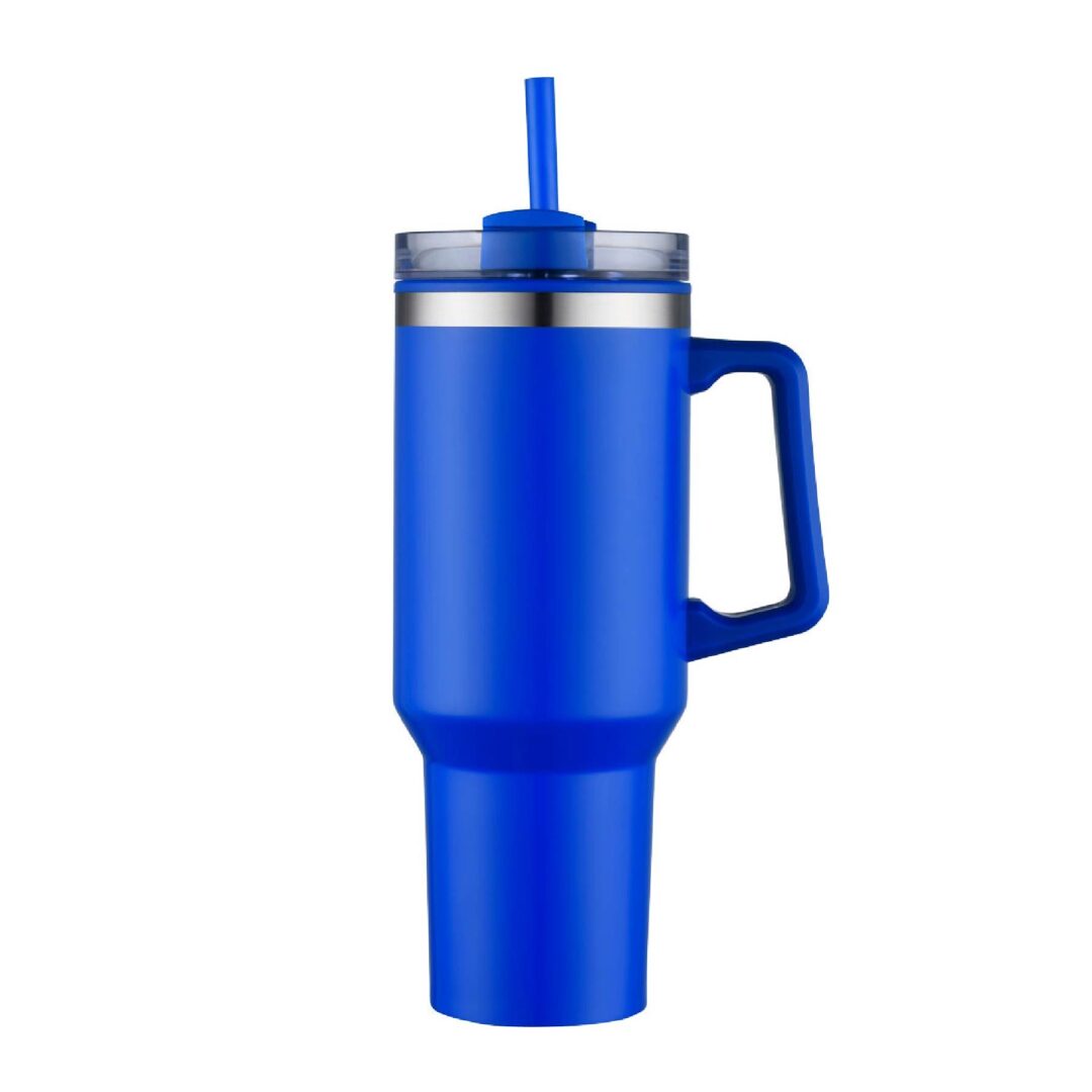 Promotional 40 oz tumblers in Royal Blue matte finish with a clear straw lid and handle, double wall stainless