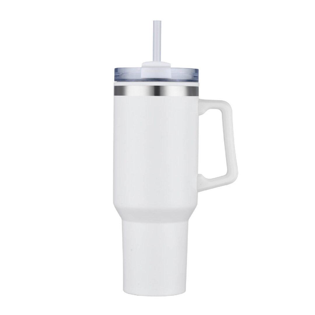 Promotional 40 oz tumblers in White matte finish with a clear straw lid and handle, double wall stainless