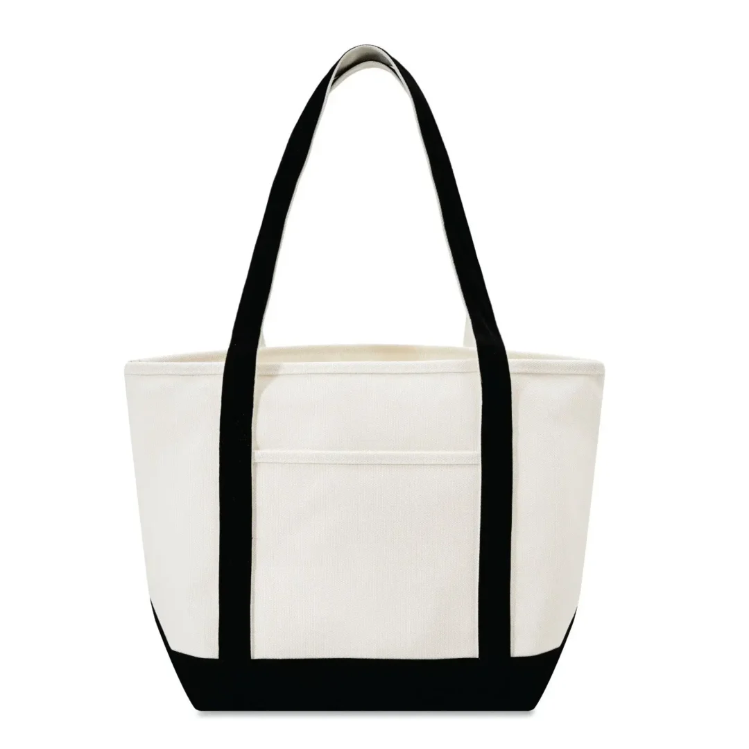 Custom boat totes in natural canvas with Black trim, 24 oz cotton, 20.5 inch, flat view