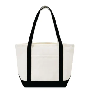 Custom boat totes in natural canvas with Black trim, 24 oz cotton, 20.5 inch, flat view