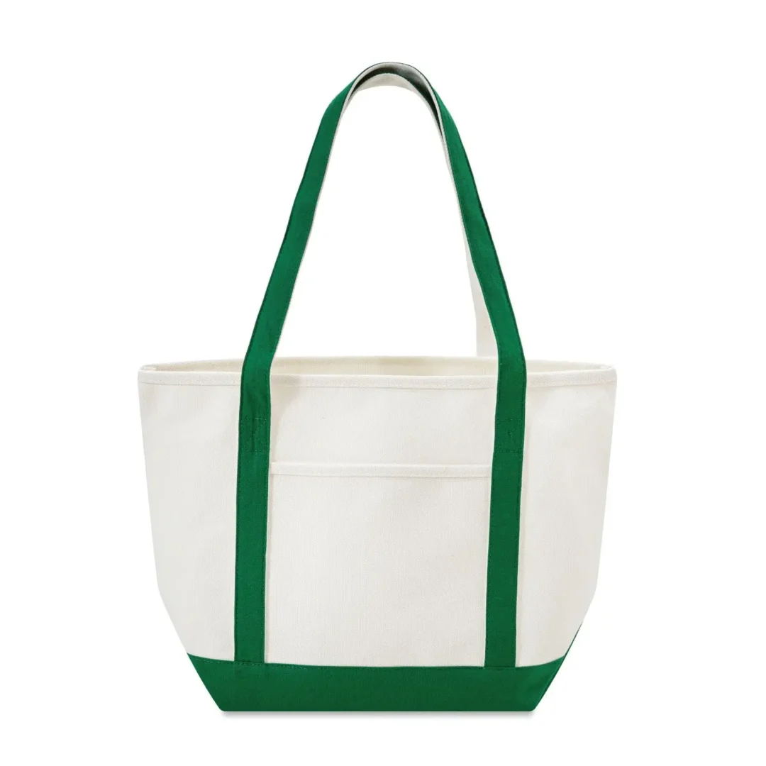 Custom boat totes in natural canvas with Green trim, 24 oz cotton, 20.5 inch, flat view