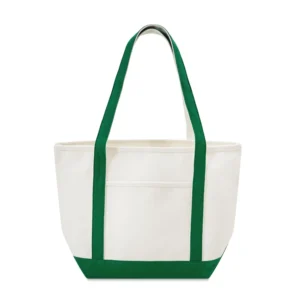 Custom boat totes in natural canvas with Green trim, 24 oz cotton, 20.5 inch, flat view
