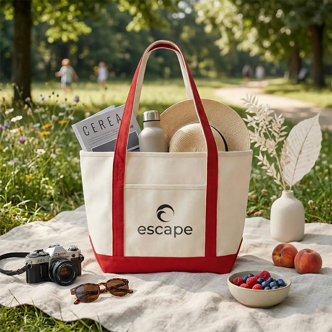 Custom boat totes, 24 oz canvas tote with a sample printed logo, in use