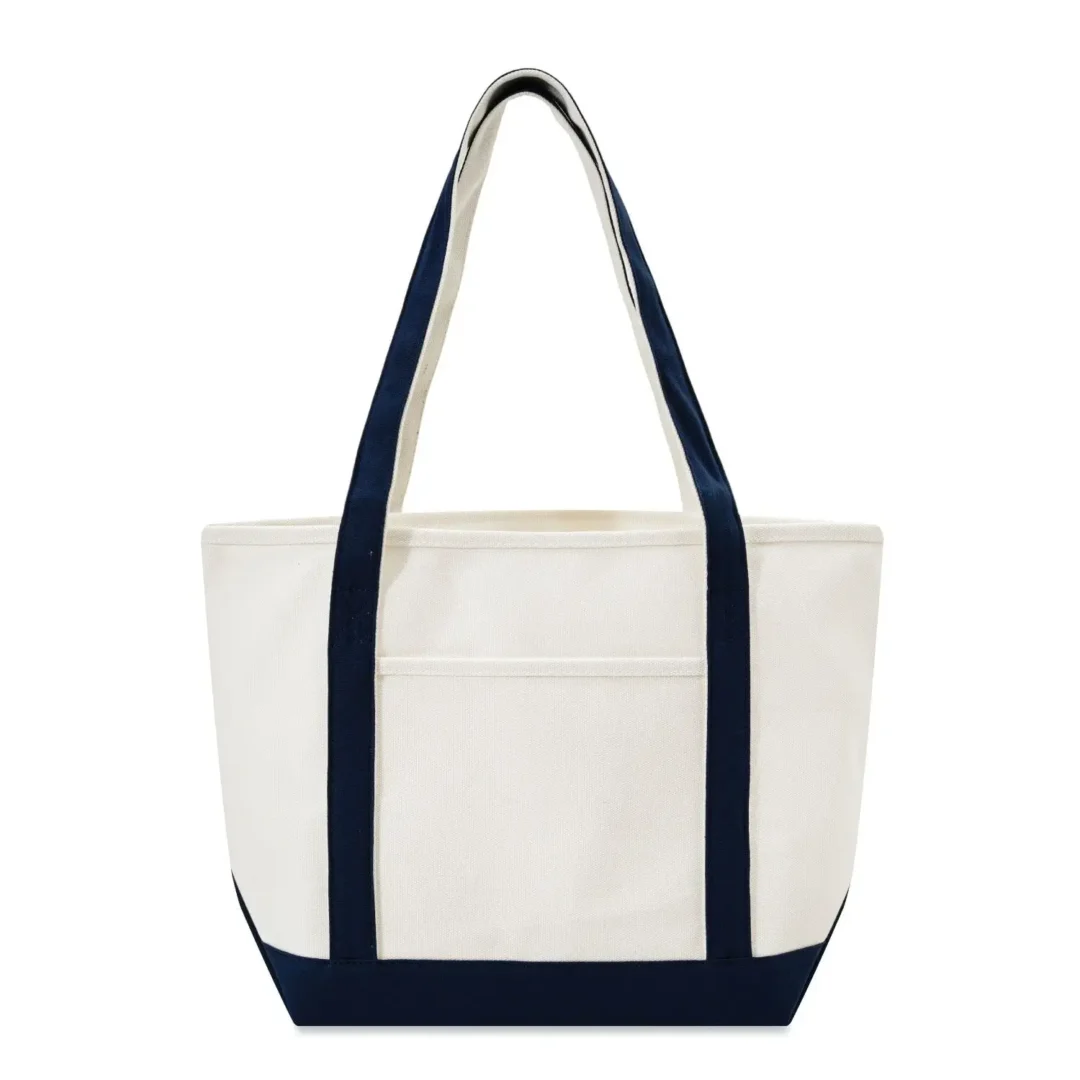 Custom boat totes in natural canvas with Navy Blue trim, 24 oz cotton, 20.5 inch, flat view