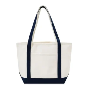 Custom boat totes in natural canvas with Navy Blue trim, 24 oz cotton, 20.5 inch, flat view