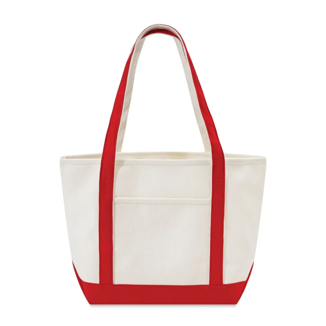 Custom boat totes in natural canvas with Red trim, 24 oz cotton, 20.5 inch, flat view