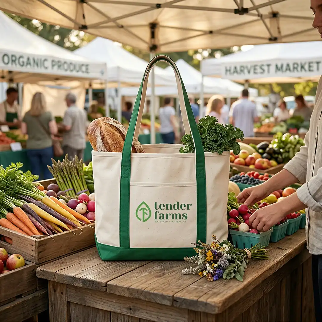 Custom boat totes, large 24 inch canvas tote with a sample printed logo, in use