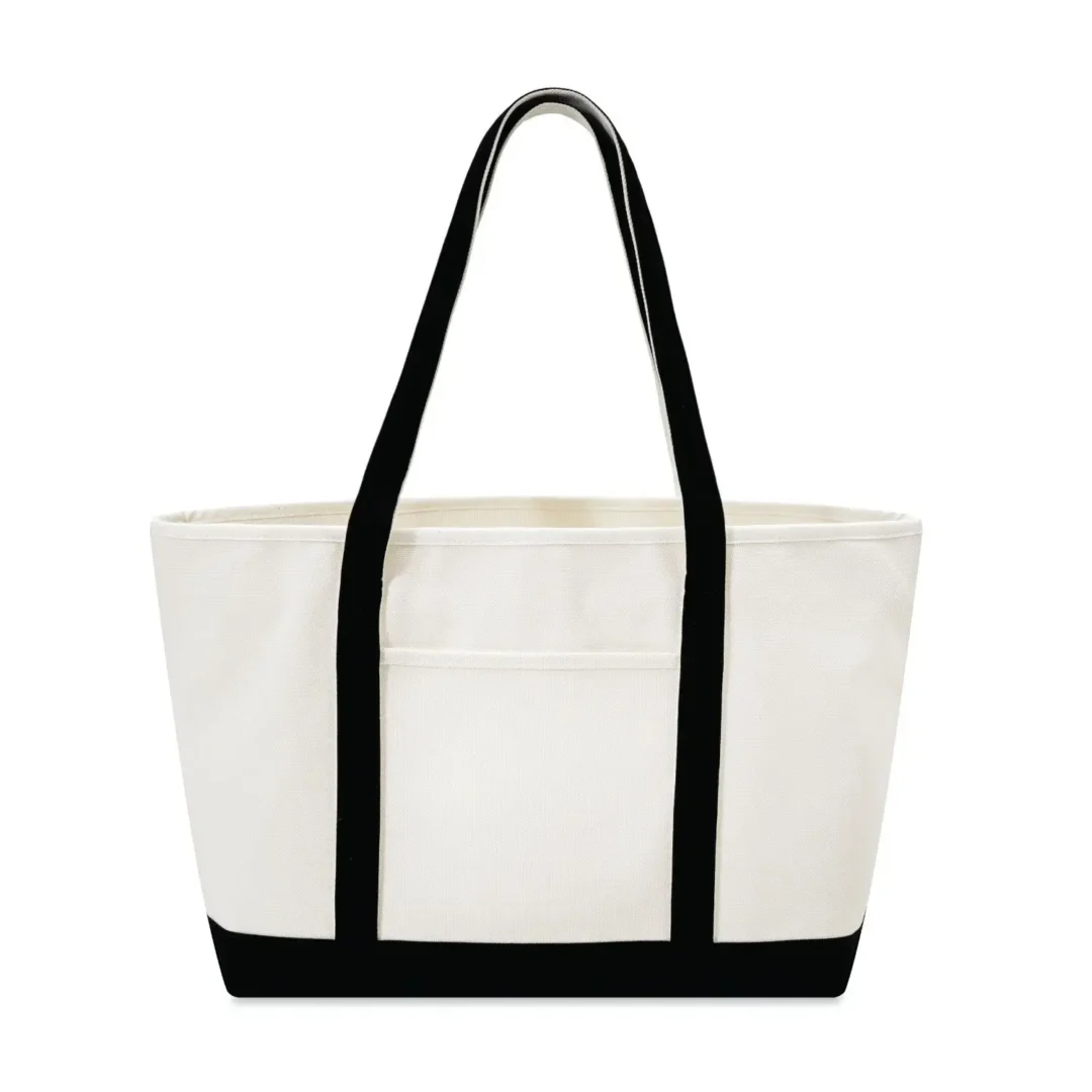 Custom boat totes in natural canvas with Black trim, large 24 inch, flat view