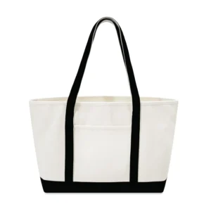 Custom boat totes in natural canvas with Black trim, large 24 inch, flat view