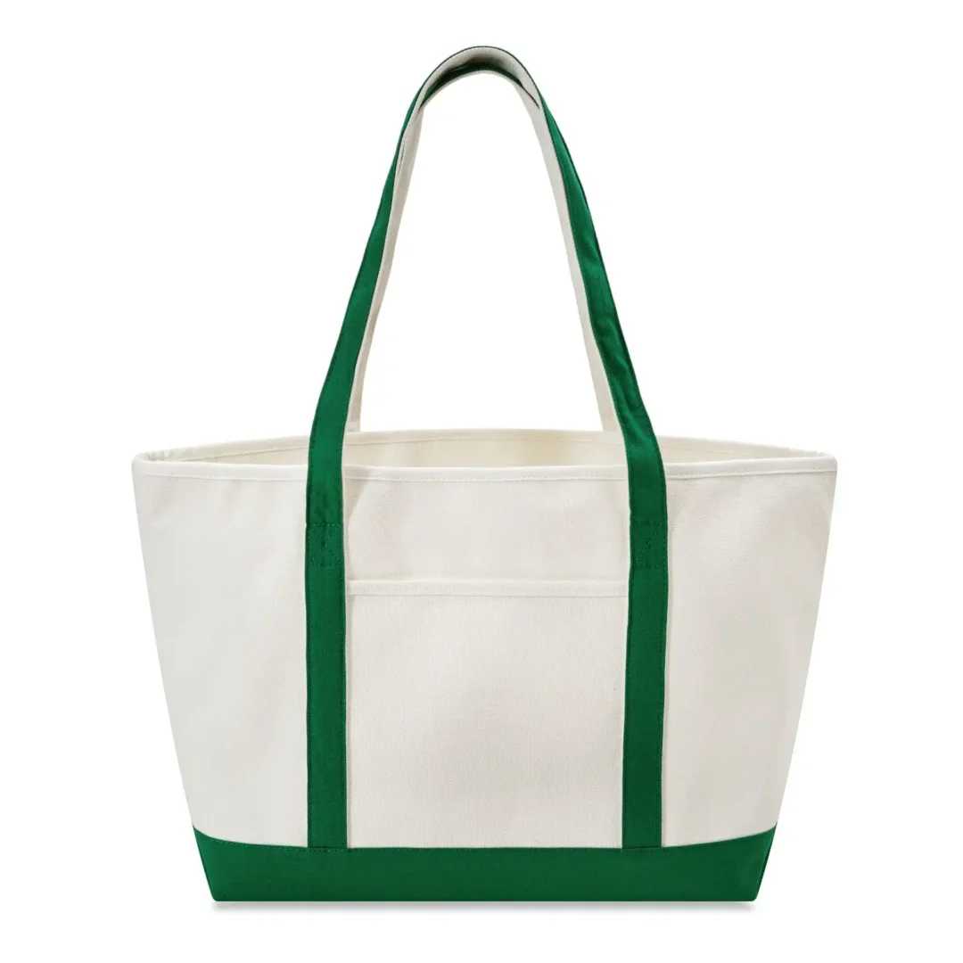 Custom boat totes in natural canvas with Green trim, large 24 inch, flat view