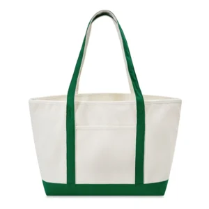 Custom boat totes in natural canvas with Green trim, large 24 inch, flat view