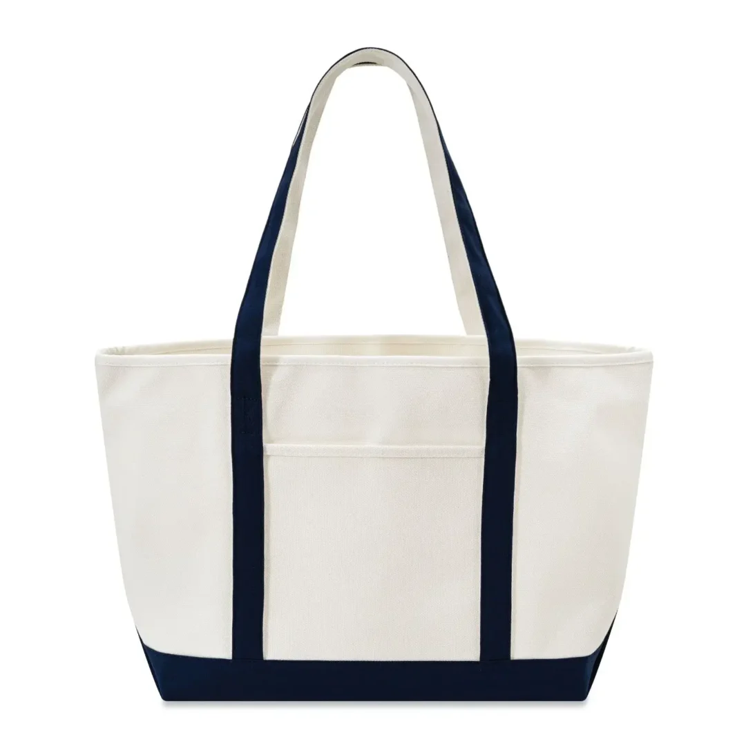 Custom boat totes in natural canvas with Navy Blue trim, large 24 inch, flat view