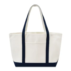 Custom boat totes in natural canvas with Navy Blue trim, large 24 inch, flat view